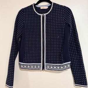 Tory Burch Navy Knit Cardigan with White Dot Accent